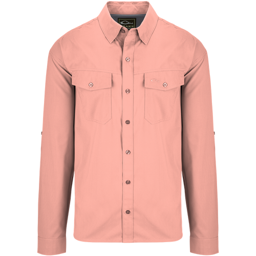 Traveler's Solid Dobby Shirt L/S: Classic fit shirt with hidden button-down collar, chest pockets, and split tail hem. Versatile for all seasons.