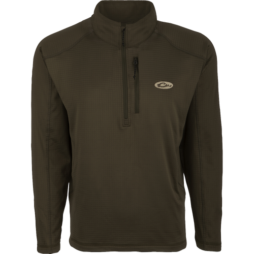 A close-up of the MST Breathelite 1/4 Zip Pullover, a long-sleeved green shirt with a brown jacket featuring a zipper. Ideal for active outdoorsmen, it provides ultralight insulation and moisture management in a comfortable, stylish design.