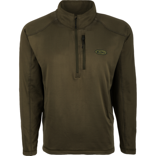 MST Breathelite 1/4 Zip Pullover: A green jacket with a zipper on the chest. Made of polyester micro-fleece with four-way stretch for comfort and breathability. Ideal for outdoor activities.