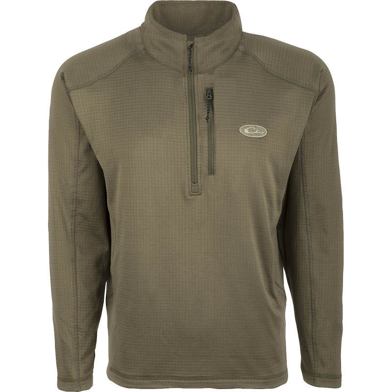 MST Breathelite 1/4 Zip Pullover: A close-up of a jacket with raglan sleeves and a vertical zippered chest pocket, made of stretch polyester micro-fleece for ultralight insulation and moisture management.