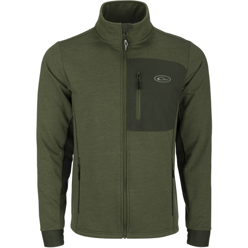 Hybrid Windproof Jacket with 4-Way Stretch Cuffs, Fleece Backing, and Zippered Pockets. Perfect for cool fall days and nights.
