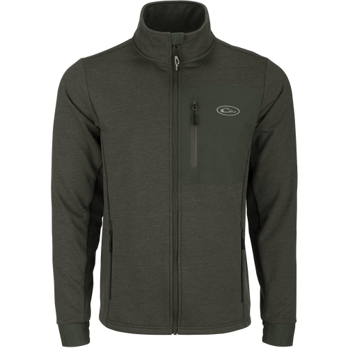 Hybrid Windproof Jacket - A functional, mid-weight jacket with a two-tone design. Features include a left chest pocket, zippered slash pockets, and 4-way stretch cuffs. Ideal for cool fall days and nights.