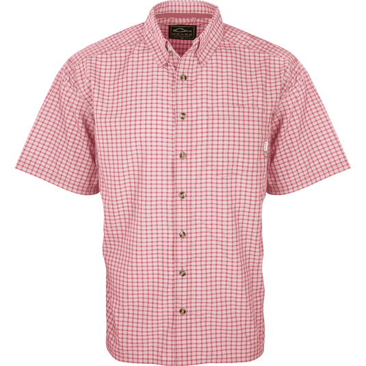 A lightweight, breathable Featherlite Check Shirt with hidden button downs and a left chest pocket. Perfect for hot summer days.