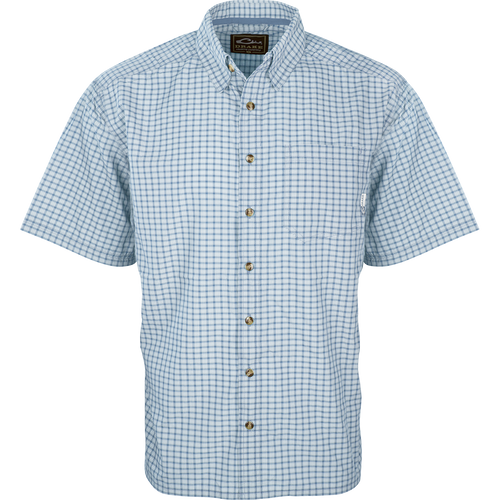 Blue Plaid Featherlite Check Shirt: Lightweight, breathable shirt with hidden button downs, left chest pocket, and locker loop. Perfect for hot summer days.