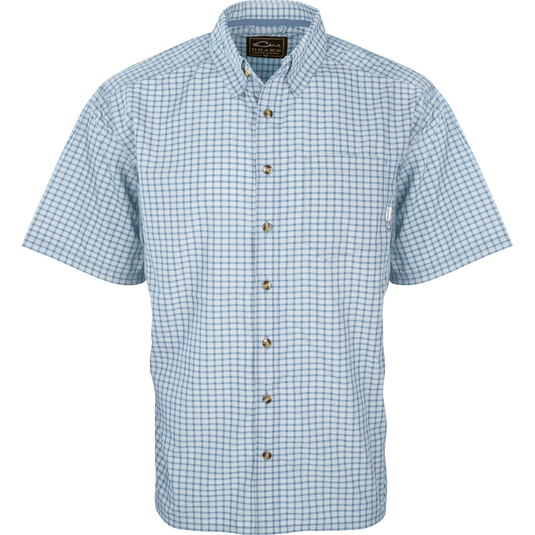 Blue Plaid Featherlite Check Shirt: Lightweight, breathable shirt with hidden button downs, left chest pocket, and locker loop. Perfect for hot summer days.