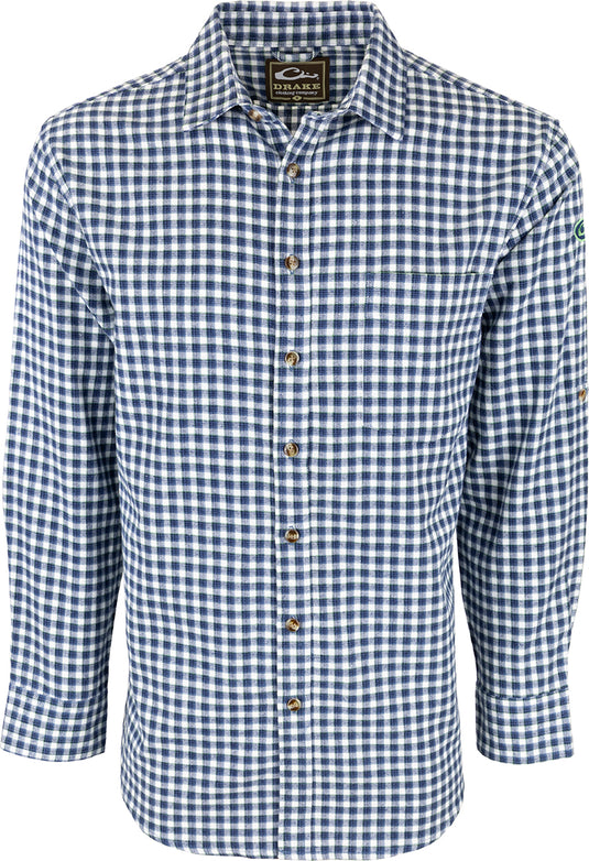 A blue and white checkered NeverTuck Shirt L/S made of soft-washed 100% cotton. Features include a left chest pocket and an open collar style. Perfect for looking sharp and feeling comfortable.