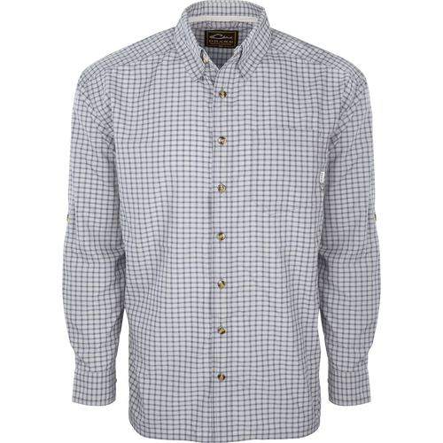 FeatherLite Check Shirt L/S: Lightweight, breathable shirt with hidden button-down collar, quick-drying fabric, and left chest pocket. Ideal for hot summer days.