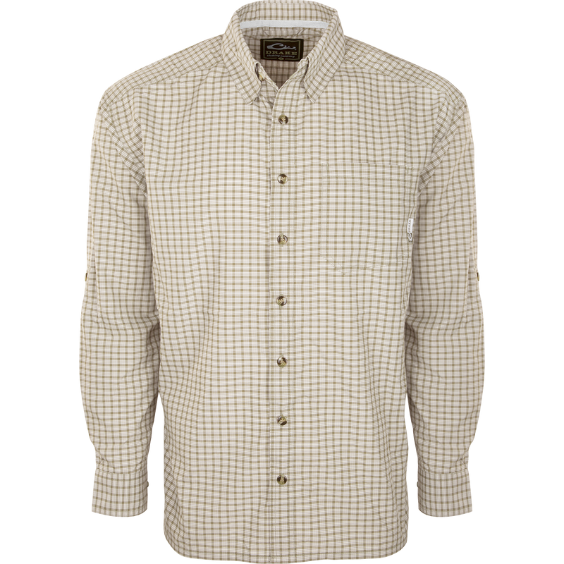 A FeatherLite Check Shirt with a button-down collar and left chest pocket, made of lightweight and breathable fabric. Perfect for hot summer days.