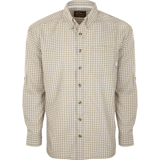 A FeatherLite Check Shirt with a button-down collar and left chest pocket, made of lightweight and breathable fabric. Perfect for hot summer days.