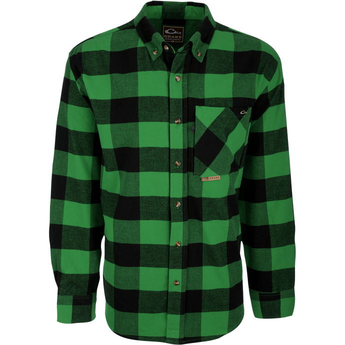 A close-up of the Autumn Brushed Twill Shirt, a green and black plaid shirt with a button-down collar and left chest pocket. Made from 100% brushed cotton twill for a soft, comfortable feel. Perfect for fall and winter days outdoors or at work.