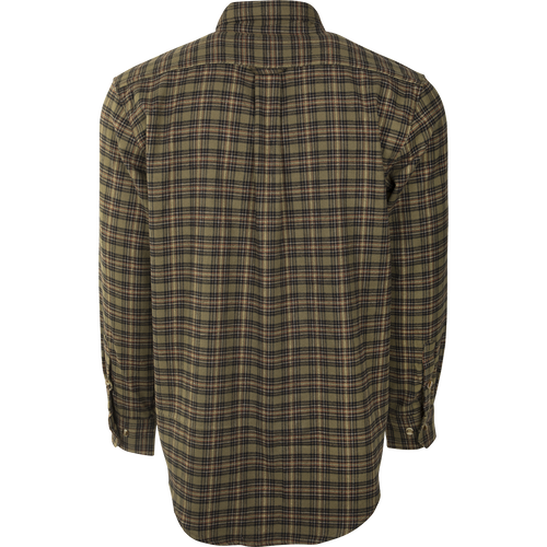 A close-up of the Autumn Brushed Twill Shirt, a soft and comfortable 100% brushed cotton twill shirt. Features a left chest pocket and hidden zippered vertical pocket. Perfect for fall and winter outdoor activities.