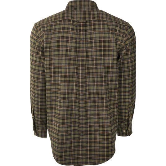 A close-up of the Autumn Brushed Twill Shirt, a soft and comfortable 100% brushed cotton twill shirt. Features a left chest pocket and hidden zippered vertical pocket. Perfect for fall and winter outdoor activities.