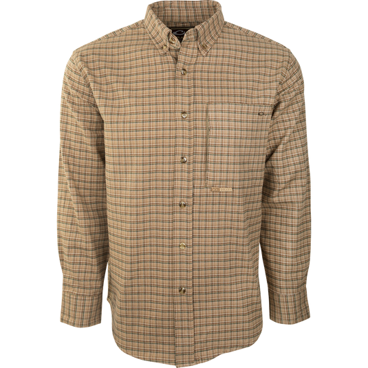 Autumn Brushed Twill Shirt: A long-sleeved plaid shirt made from 100% brushed cotton twill. Features a button-down collar and left chest pocket with hidden zippered vertical pocket. Perfect for fall and winter outdoor activities or casual work days.