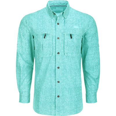 Heritage Heather Shirt L/S: A performance shirt with buttons, pockets, and adjustable roll-up sleeves. Made of lightweight, moisture-wicking polyester micro mesh for natural cooling and quick drying. Features UPF30 sun protection, hidden button-down collar, vented cape back, and split tail hem. Ideal for outdoor activities or office wear.