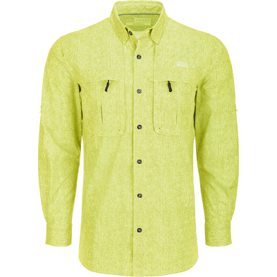 Heritage Heather Shirt L/S: Performance-driven yellow shirt with black buttons. Lightweight, moisture-wicking fabric with UPF30 sun protection. Hidden button-down collar, vented cape back, and two front chest pockets. Adjustable roll-up sleeve tab and split tail hem. Ideal for outdoor activities or office wear.
