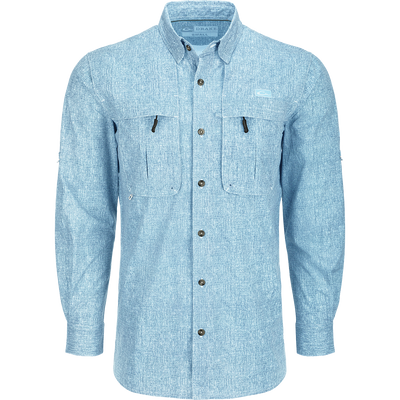 A close-up of the Heritage Heather Shirt L/S, a long-sleeved blue shirt with hidden button-down collar, vented cape back, and two front chest pockets. Lightweight, moisture-wicking, and quick-drying fabric with UPF30 sun protection. Perfect for performance on the water or at the office.