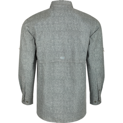 Heritage Heather Shirt L/S: A grey shirt with a back view, featuring a cape back with mesh ventilation, hidden button-down collar, and two front chest pockets. Lightweight, moisture-wicking fabric with UPF30 sun protection. Perfect for performance on the water or at the office.