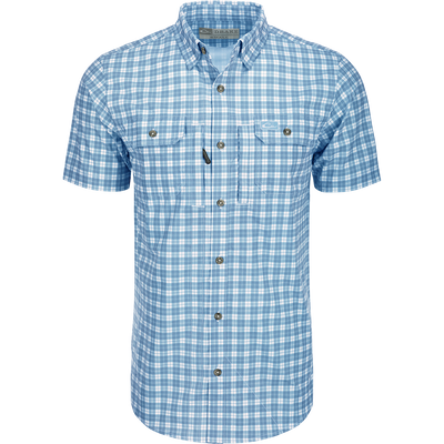 Hunter Creek Check Plaid Shirt S/S: A lightweight, moisture-wicking blue and white plaid shirt with hidden collar buttons and chest pockets.