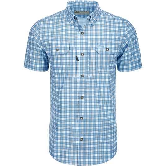 Hunter Creek Check Plaid Shirt S/S: A lightweight, moisture-wicking blue and white plaid shirt with hidden collar buttons and chest pockets.