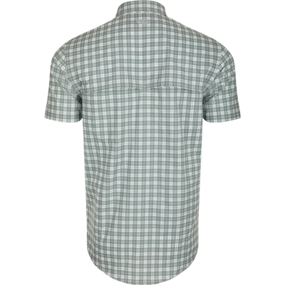 Hunter Creek Check Plaid Shirt S/S: Back view of a lightweight, moisture-wicking shirt with hidden button-down collar, vented back cape, and chest pockets.