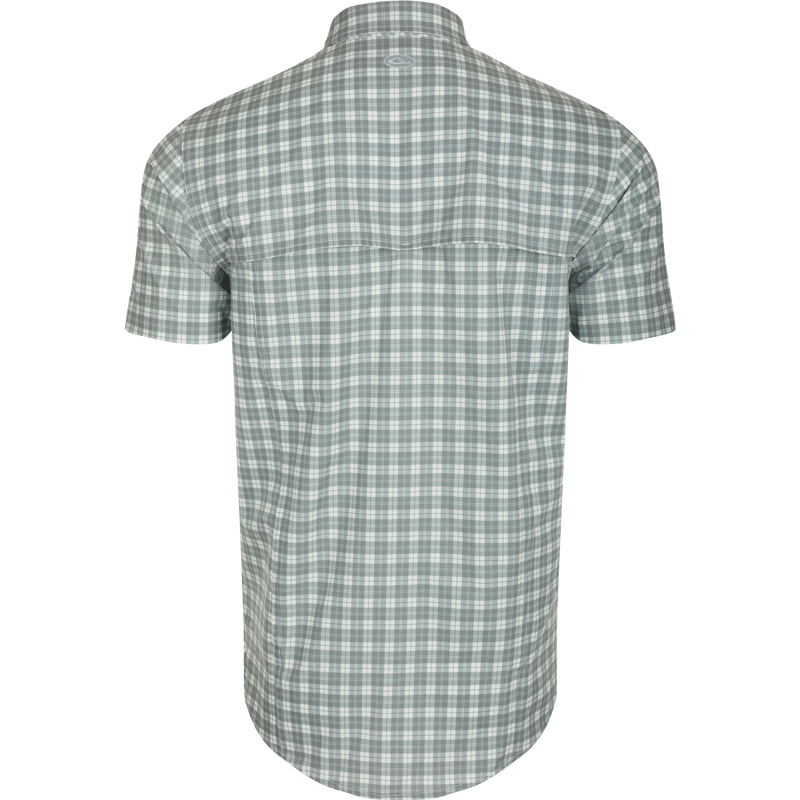Hunter Creek Check Plaid Shirt S/S: Back view of a lightweight, moisture-wicking shirt with hidden button-down collar, vented back cape, and chest pockets.