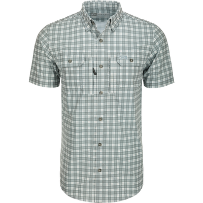 Hunter Creek Check Plaid Shirt S/S: A close-up of a grey and white plaid shirt with a hidden button-down collar and two button-through chest pockets.