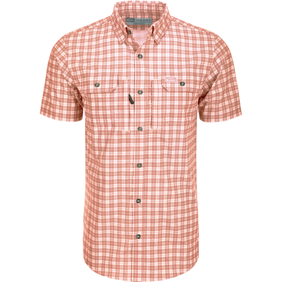 A red and white plaid shirt with hidden button-down collar, vented back cape, and two chest pockets. Lightweight and moisture-wicking for comfort.