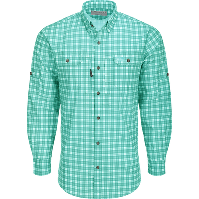 Hunter Creek Check Plaid Shirt L/S: A lightweight, moisture-wicking shirt with micro-mesh for natural cooling. Features include UPF 30 sun protection, hidden button-down collar, and vented back cape. Two chest pockets with Magnattach and zipper closures. Sculpted hem with built-in sunglass wipe. Adjustable roll-up sleeves. High performance and functional for hunting and outdoor activities.