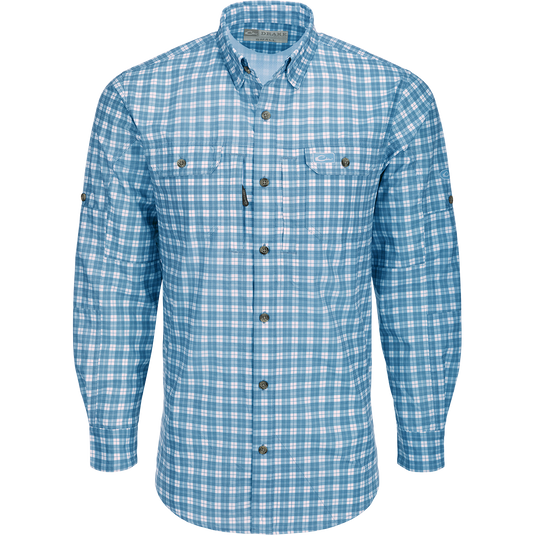 A high-performance Hunter Creek Check Plaid Shirt with hidden buttons, vented back, and multiple pockets for convenience and style.