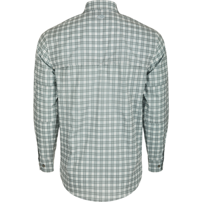 Hunter Creek Check Plaid Shirt L/S: Back view of a lightweight, moisture-wicking shirt with hidden button-down collar, vented back cape, and chest pockets.