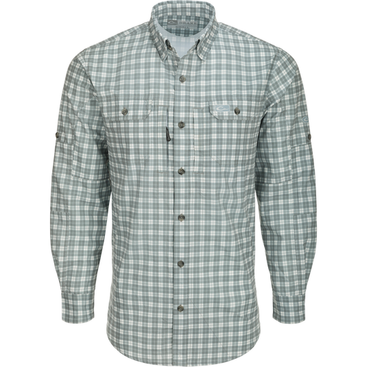Hunter Creek Check Plaid Shirt L/S: A classic fit, long-sleeved shirt with hidden button-down collar, vented back cape, and button-through flap chest pockets. Lightweight, moisture-wicking, and UPF30 rated for sun protection.