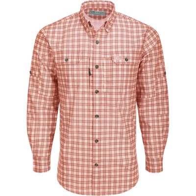 Hunter Creek Check Plaid Shirt L/S: A lightweight, moisture-wicking shirt with hidden buttons, vented back, and chest pockets for outdoor activities.