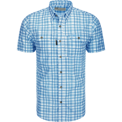 Hunter Creek Window Pane Plaid Shirt S/S: A lightweight, moisture-wicking shirt with UPF30 sun protection. Features a hidden button-down collar, vented back cape, and two chest pockets with Magnattach and zipper closures. Sculpted hem with built-in sunglass wipe.