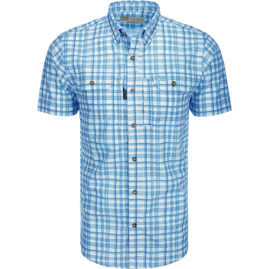 Hunter Creek Window Pane Plaid Shirt S/S: A lightweight, moisture-wicking shirt with UPF30 sun protection. Features a hidden button-down collar, vented back cape, and two chest pockets with Magnattach and zipper closures. Sculpted hem with built-in sunglass wipe.