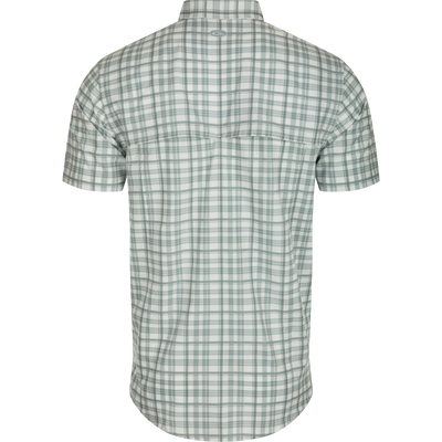 Hunter Creek Window Pane Plaid Shirt S/S: A back view of a lightweight, moisture-wicking shirt with hidden collar, vented back, and chest pockets.