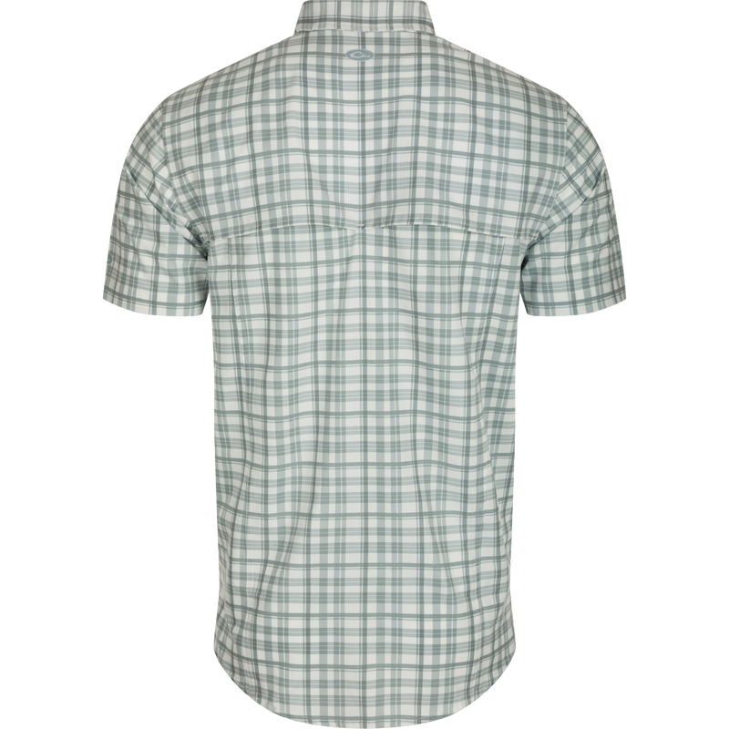 Hunter Creek Window Pane Plaid Shirt S/S: A back view of a lightweight, moisture-wicking shirt with hidden collar, vented back, and chest pockets.
