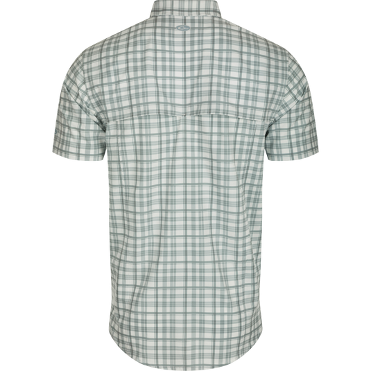 Hunter Creek Window Pane Plaid Shirt S/S: A back view of a lightweight, moisture-wicking shirt with hidden collar, vented back, and chest pockets.