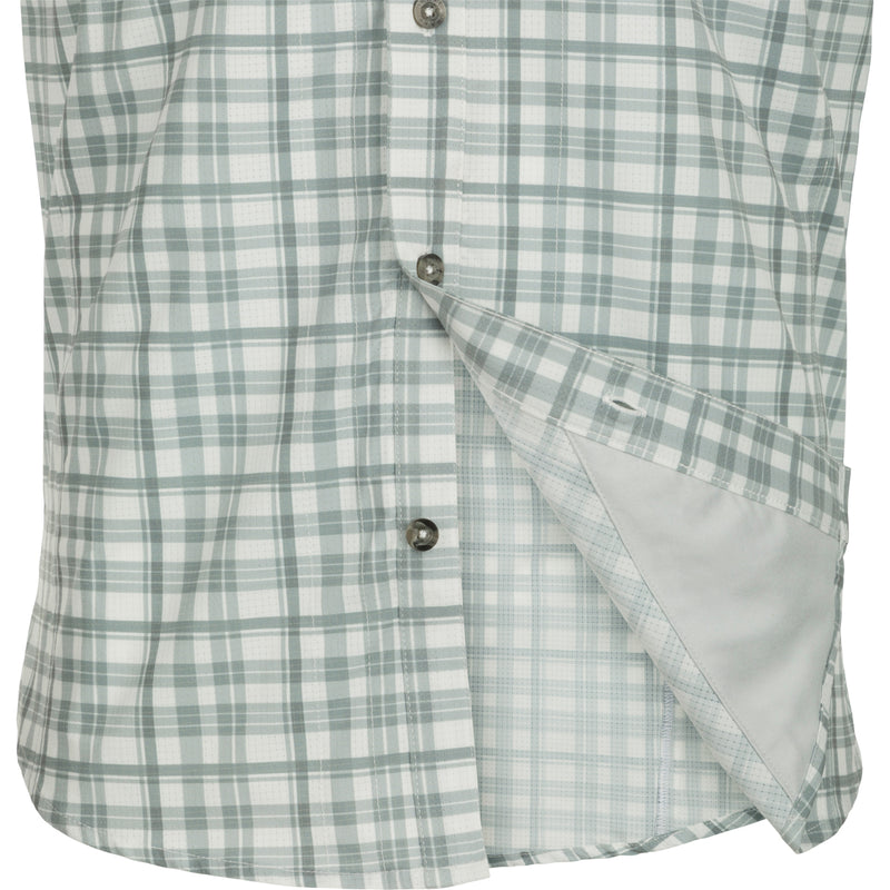 Hunter Creek Window Pane Plaid Shirt: Close-up of a lightweight, moisture-wicking shirt with hidden button-down collar and vented back.