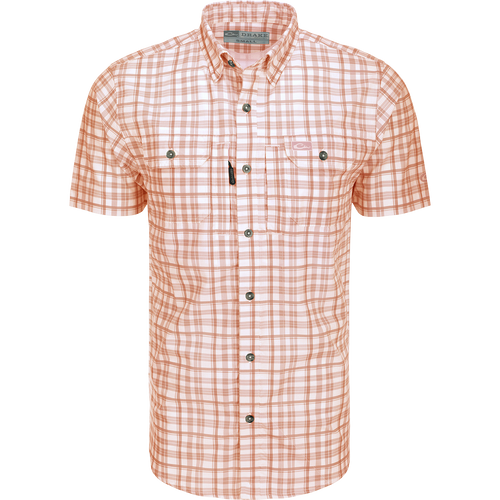 Hunter Creek Window Pane Plaid Shirt S/S: A lightweight, moisture-wicking shirt with hidden collar buttons, vented back, and chest pockets with zipper and Magnattach closure. Sculpted hem and built-in sunglass wipe for added convenience.