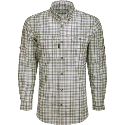 Hunter Creek Window Pane Plaid Shirt L/S: A lightweight, moisture-wicking shirt with hidden button-down collar, vented back cape, and chest pockets with zipper and Magnattach closure.