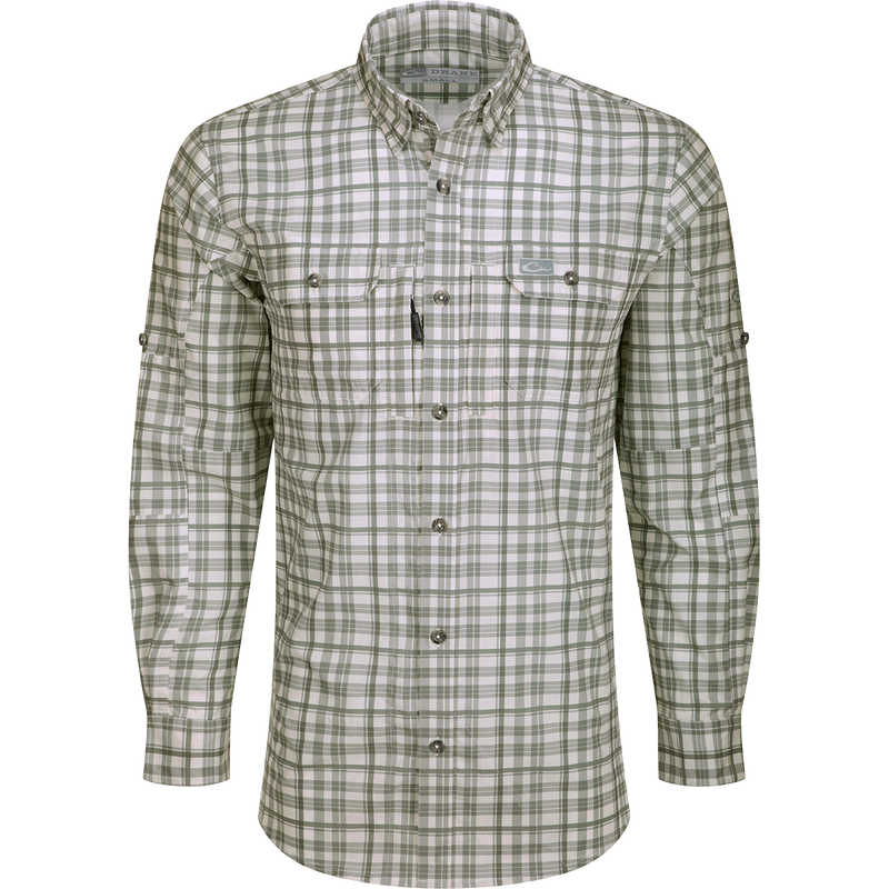 Hunter Creek Window Pane Plaid Shirt L/S: A lightweight, moisture-wicking shirt with hidden button-down collar, vented back cape, and chest pockets with zipper and Magnattach closure.