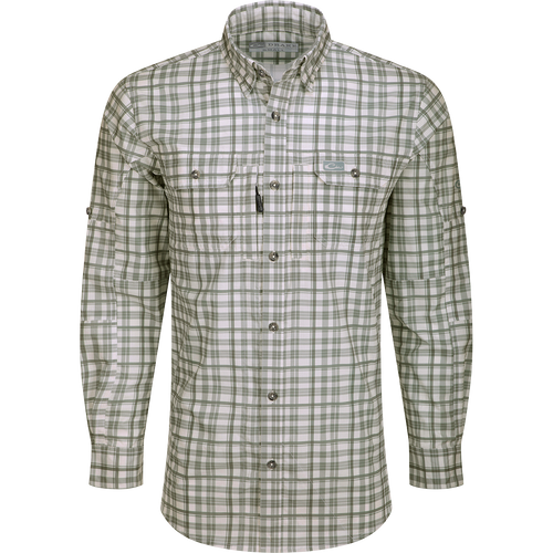 Hunter Creek Window Pane Plaid Shirt L/S: A lightweight, moisture-wicking shirt with hidden button-down collar, vented back cape, and chest pockets with zipper and Magnattach closure.