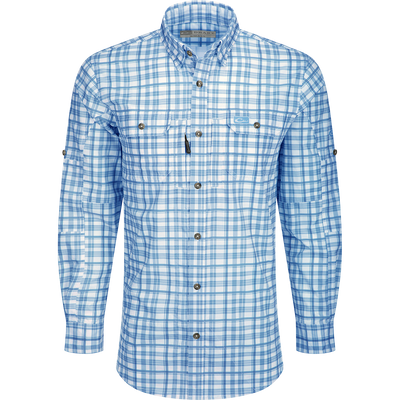 Hunter Creek Window Pane Plaid Shirt L/S: A lightweight, moisture-wicking shirt with hidden button-down collar, vented back, and chest pockets with zipper and Magnattach closure. Sculpted hem and built-in sunglass wipe for added convenience.