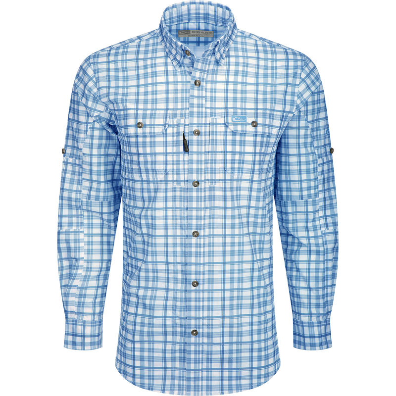 Hunter Creek Window Pane Plaid Shirt L/S: A lightweight, moisture-wicking shirt with hidden button-down collar, vented back, and chest pockets with zipper and Magnattach closure. Sculpted hem and built-in sunglass wipe for added convenience.