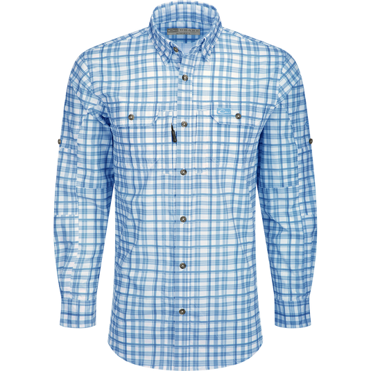 Hunter Creek Window Pane Plaid Shirt L/S: A lightweight, moisture-wicking shirt with hidden button-down collar, vented back, and chest pockets with zipper and Magnattach closure. Sculpted hem and built-in sunglass wipe for added convenience.
