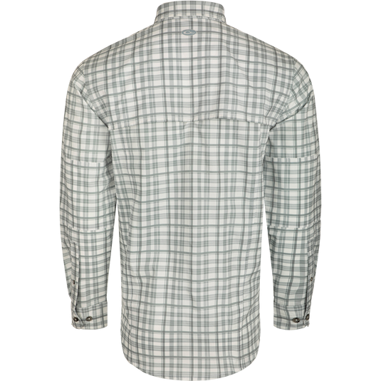 Hunter Creek Window Pane Plaid Shirt L/S: Back view of a lightweight, moisture-wicking shirt with hidden button-down collar, vented back cape, and chest pockets.
