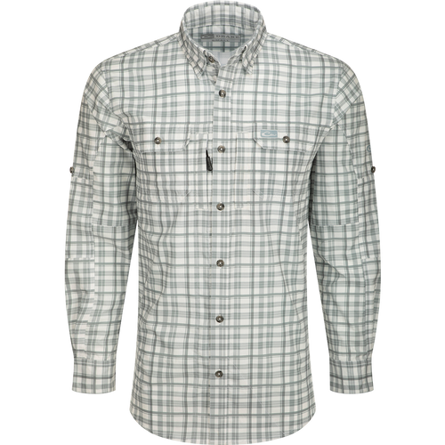 Hunter Creek Window Pane Plaid Shirt L/S: A lightweight, moisture-wicking shirt with hidden button-down collar, vented back, and chest pockets with zipper and Magnattach closure.