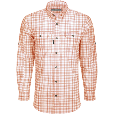 Hunter Creek Window Pane Plaid Shirt L/S: A lightweight, moisture-wicking shirt with hidden button-down collar, vented back, and chest pockets with closures.