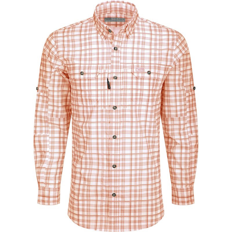 Hunter Creek Window Pane Plaid Shirt L/S: A lightweight, moisture-wicking shirt with hidden button-down collar, vented back, and chest pockets with closures.