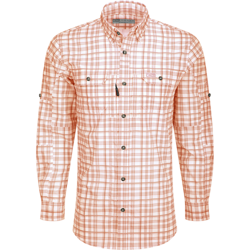 Hunter Creek Window Pane Plaid Shirt L/S: A lightweight, moisture-wicking shirt with hidden button-down collar, vented back, and chest pockets with closures.